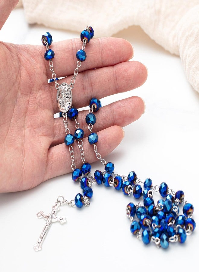 ROCEEI 12 Pcs Catholic Rosary Beads Necklace with Jesus Crucifix Catholic Rosary Prayer Gifts with White Organza Bags (Blue) - Image 3